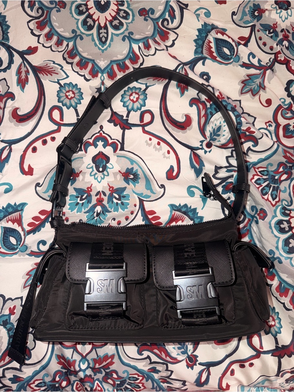 Black Steve Madden Cargo Shoulder Bag with Buckle Pockets